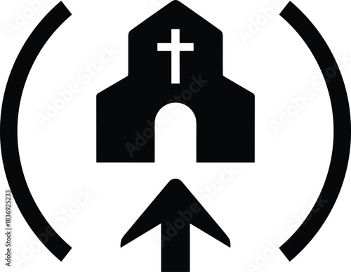 Church entrance vector icon with cross and arrow direction for religious building location or event