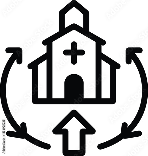 Church icon with arrows, religious building, place of worship, christianity, spirituality, community, faith