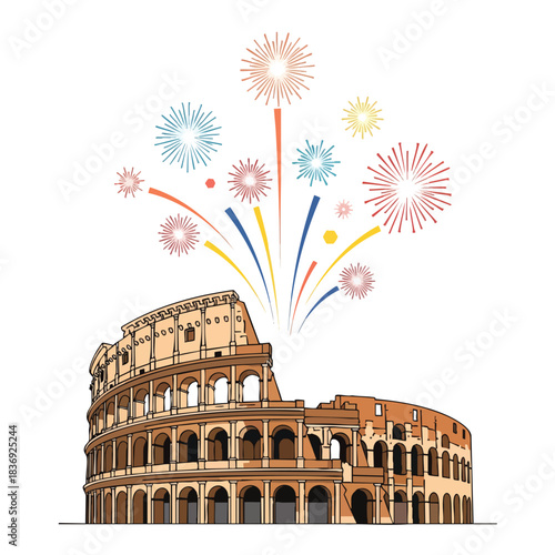 The Colosseum illuminated by colorful New Year fireworks, dramatic lighting, ancient stone textures glowing at night.