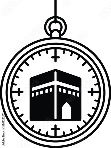 Compass for qibla direction muslim pray icon showing mecca kaaba vector illustration, islamic prayer time guidance