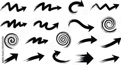 Set of Hand Drawn Black Brushstroke Arrows Swirls and Directional Icons Isolated on Transparent Background