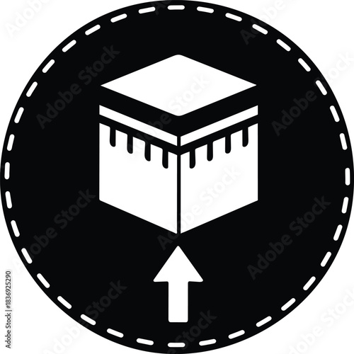 Kaaba icon inside a circle with dashed border, qibla direction, muslim pray icon, islamic pilgrimage