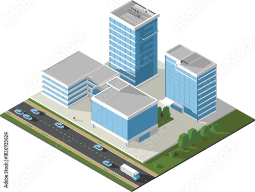 Isometric 3D vector set of modern corporate and office buildings with a highway, symbolizing business district, real estate, and city life