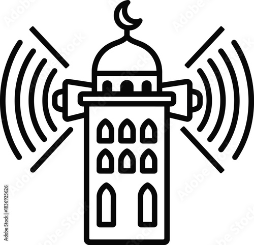 Mosque with minarets broadcasting adhan for qibla direction prayer islamic call vector icon