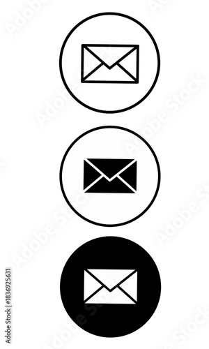 Email icon collection in circular shapes, black and white styles for messaging, communication, mail apps, websites, and user interface design
