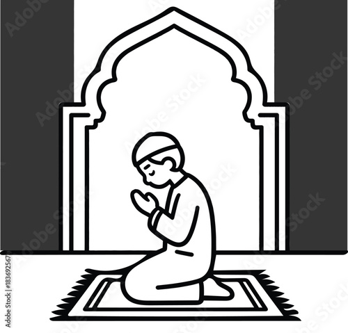 Muslim boy kneeling and praying on a prayer mat under an arch qibla direction muslim pray icon