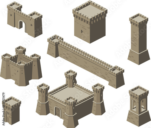 Isometric 3D vector set of medieval castle elements: fortresses, towers, and walls, perfect for gaming, history, and fantasy architecture