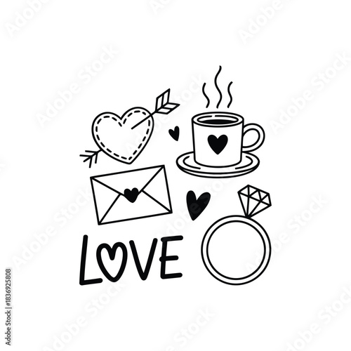 A romantic illustration featuring a heart, coffee, and love symbols