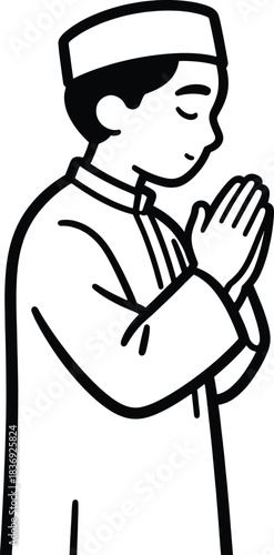 Muslim man with a kufi hat praying with hands clasped together qibla direction muslim pray icon