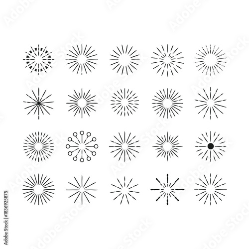 A collection of 18 distinct starburst designs in black and white