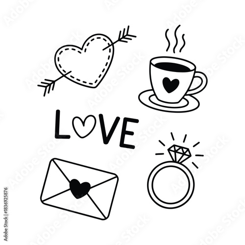 Simple black and white illustration of love symbols including a heart pierced by an arrow, a coffee cup with a heart, the word love, an envelope with a heart, and a diamond ring