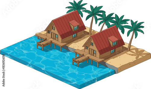 Isometric 3D vector illustration of tropical overwater bungalows on a sandy beach, symbolizing vacation, island travel, luxury resort, and real estate