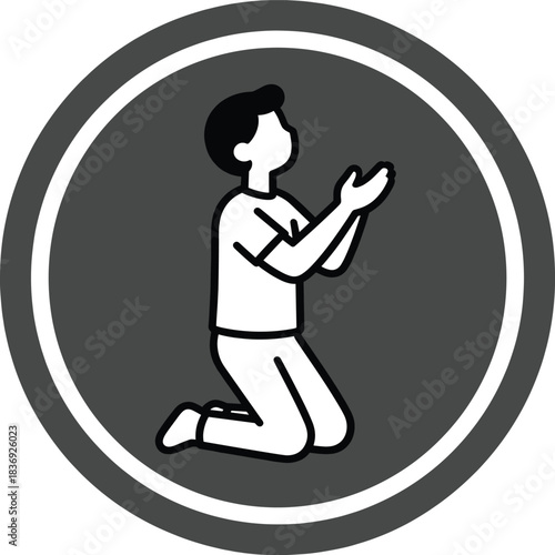 Muslim pray icon kneeling man hands up for prayer qibla direction circle border spiritual worship