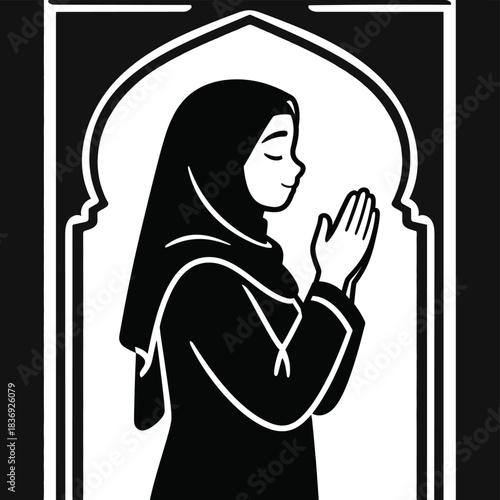Muslim pray icon of woman in hijab inside mosque arch silhouette for prayer in qibla direction for ramadan