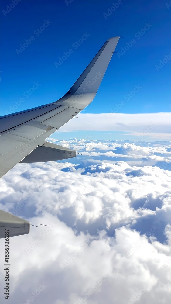 Obraz premium View from an airplane window, showing wing and clouds below