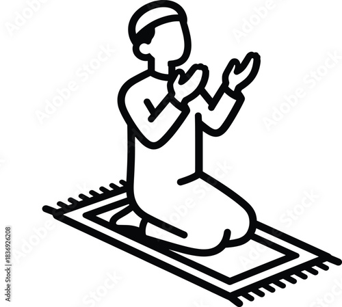 Outline muslim man kneeling on prayer mat a muslim pray icon seeking spiritual connection and peace