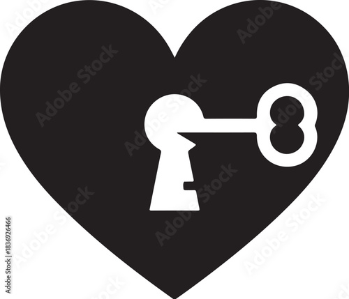 Black heart with white keyhole and key lock unlock