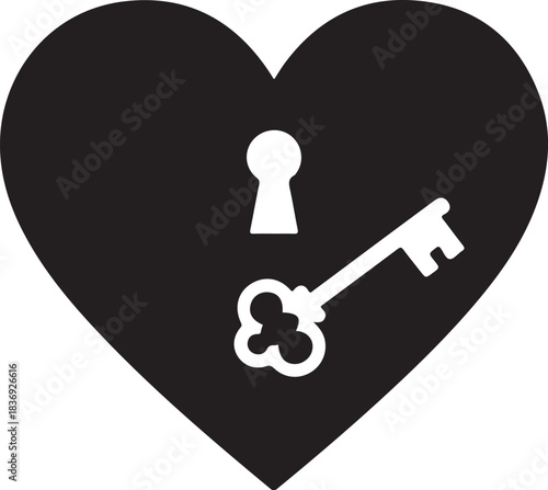 Black heart with white keyhole and key lock unlock