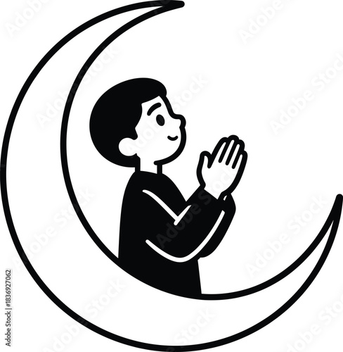 Silhouette muslim pray icon within crescent moon line art drawing showing religious devotion spirituality and faith