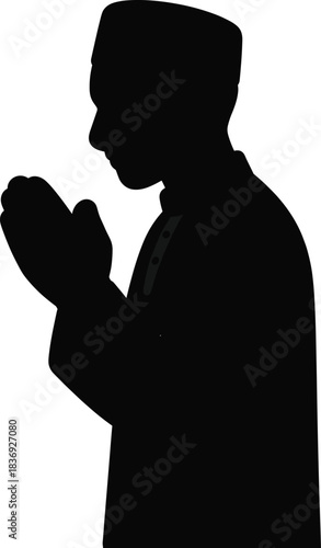 Silhouette of a muslim man praying, muslim pray icon, islamic religion, devotion, spirituality, qibla direction