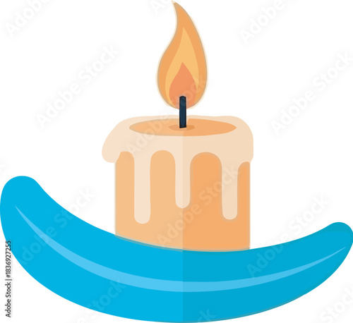 Glowing candle flame floats serenely on a calm blue surface, symbolizing hope and tranquility.