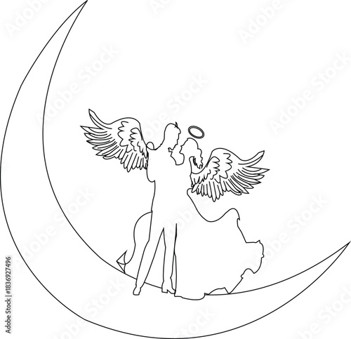 Angel and Devil Couple Outline on Crescent Moon