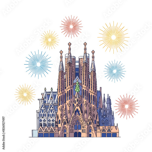 Sagrada Familia with brilliant New Year fireworks illuminating its detailed architecture