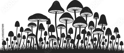 Dense black vector silhouette of various wild mushrooms growing in a cluster on grass, perfect for nature, forest, fantasy, and organic graphics