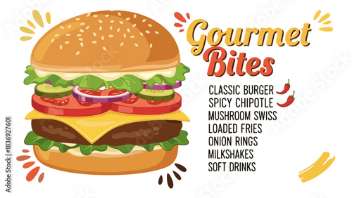Gourmet Bites Classic Burger Menu Illustration for Restaurant Marketing Fast Food Ads Delicious Vector Design