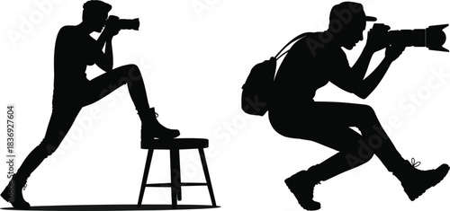 Dynamic vector silhouettes of professional photographers capturing images in various action and crouching poses, perfect for media and creativity