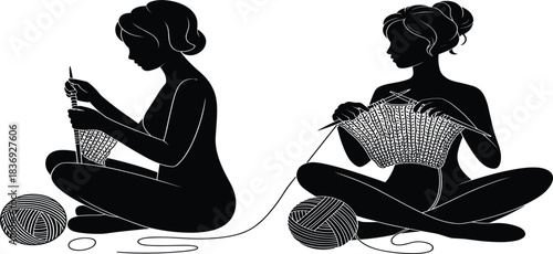 Elegant black vector silhouettes of women sitting and knitting or crocheting, symbolizing handmade craft, yarn hobby, creativity, and relaxation