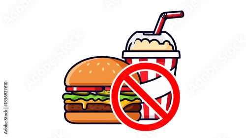 No Fast Food Unhealthy Eating Warning Burger and Milkshake Forbidden Icon for Diet and Health Campaigns