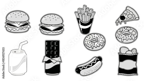 Classic Fast Food Snack Icons Burger Pizza Fries Donut Hot Dog Soda Chips Chocolate Bar Black and White Vector Illustration