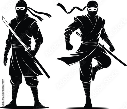 Dynamic vector silhouettes of two ninja warriors in stealth and combat poses with katanas, symbolizing martial arts, power, and Japanese culture