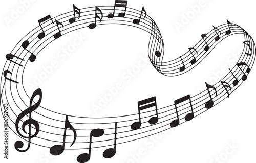 Black musical notes on swirling staff lines treble clef