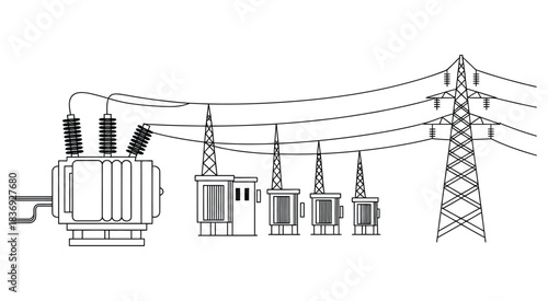 electrical substation sketch with transformers, high voltage power lines, and transmission tower, ideal for utility infrastructure diagrams, electrical engineering projects, industrial illustrations, 