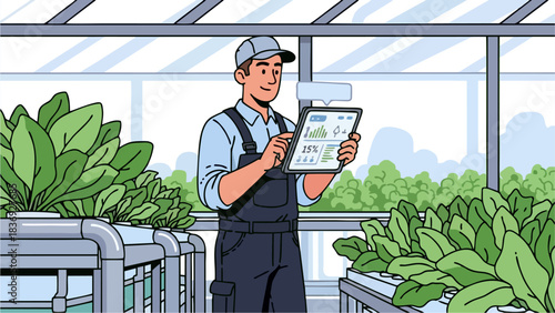 Farmer Utilizing Digital Tablet for Smart Agriculture Data Analysis in Hydroponic Greenhouse