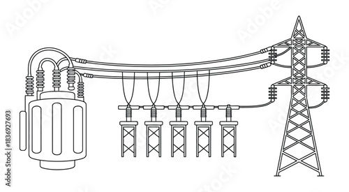 electrical substation with transformers, power lines, and transmission tower sketch, detailed vector illustration suitable for energy infrastructure, electrical engineering, utility planning, 