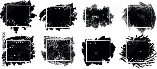 Collection of eight distressed rectangular frames with rough black brushstroke textures