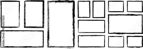 Collection of distressed rectangular frames in various sizes and orientations on white background