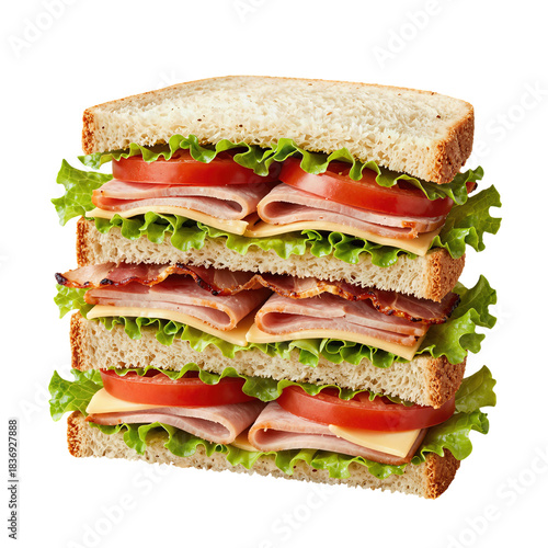 Triple Decker Sandwich with Ham, Bacon, Lettuce, and Tomato