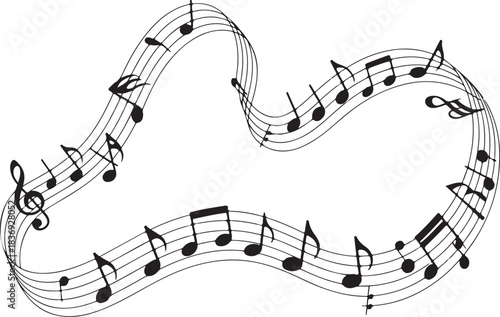 Black musical notes on wavy staff lines treble clef