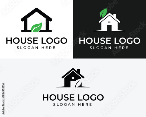 Three house logos with green leaf accents and text placeholders real estate logo green leaf logo