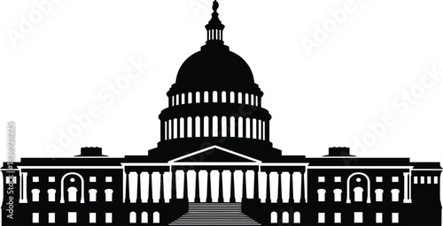 Detailed black vector silhouette of the United States Capitol Building, symbolizing US government, politics, democracy, and national monument architecture