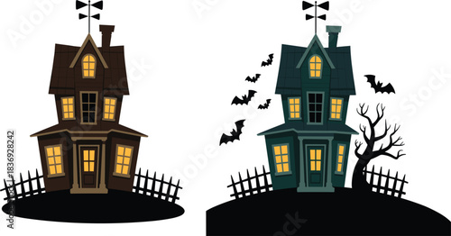 Cartoon vector set of spooky haunted house mansions with bats and dead tree, perfect for Halloween party invitations, web, and holiday graphics