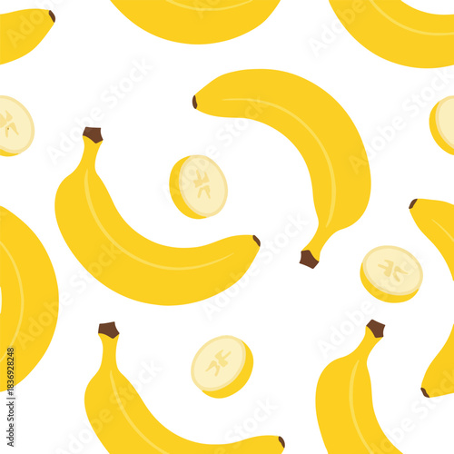 Vibrant seamless pattern featuring fresh yellow bananas and their appealing slices on a clean white backdrop, ideal for lively designs, digital backgrounds, and creative projects