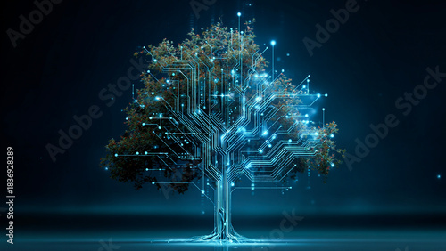 Fototapeta Naklejka Na Ścianę i Meble -  青く輝く電子回路で形成されたデジタルツリー