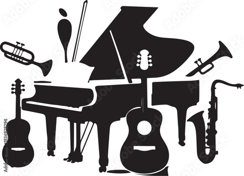 Black silhouette musical instruments and grand piano collage