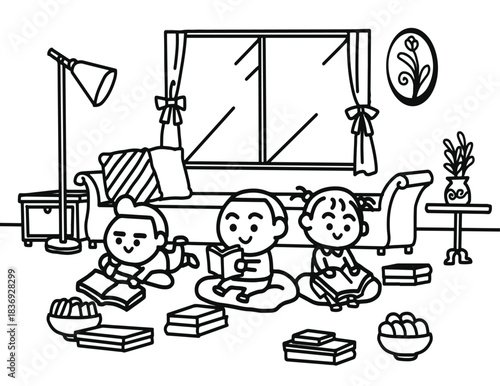 The children sat happily reading together.