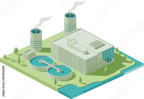 Isometric 3D vector illustration of an industrial water treatment plant facility with cooling towers, symbolizing engineering, environment, and ecology